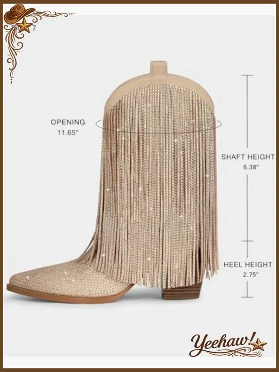 Suede Western Boots with Rhinestones and Fringe, Chunky Heel - Picture 5 of 7